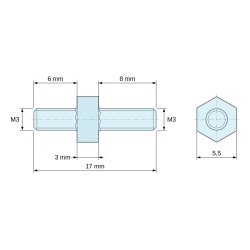 Plan coté 3 mm / 6 / 8 mm, Entretoise hexagonale filetée mâle/mâle acier inoxydable M3 - 5,5 mm sur plats, tiges 6 et 8 mm
