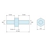 Plan coté 3 mm / 6 / 8 mm, Entretoise hexagonale filetée mâle/mâle acier inoxydable M3 - 5,5 mm sur plats, tiges 6 et 8 mm