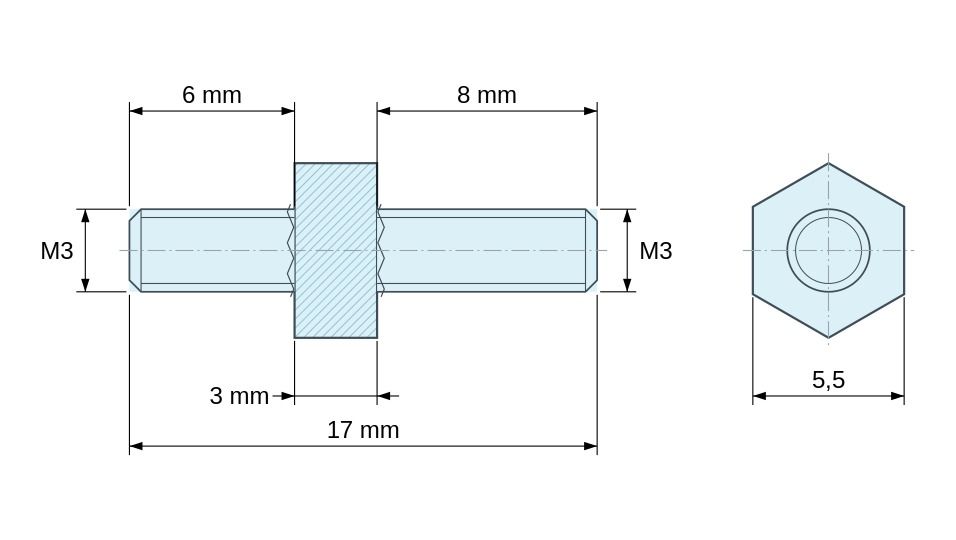 Plan coté Entretoise hexagonale filetée mâle/mâle acier inoxydable M3 - 5,5 mm sur plats, tiges 6 et 8 mm
