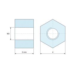 Plan coté 3 mm, Entretoise hexagonale filetée femelle/femelle laiton nickelé sans plomb M2 - 4 mm sur plats