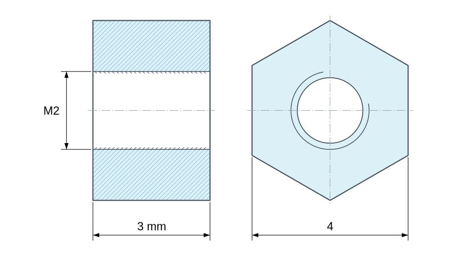 Plan coté Entretoise hexagonale filetée femelle/femelle laiton nickelé sans plomb M2 - 4 mm sur plats