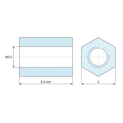 Plan coté 6,3 mm, Entretoise hexagonale filetée femelle/femelle laiton nickelé sans plomb M2,5 - 4 mm sur plats