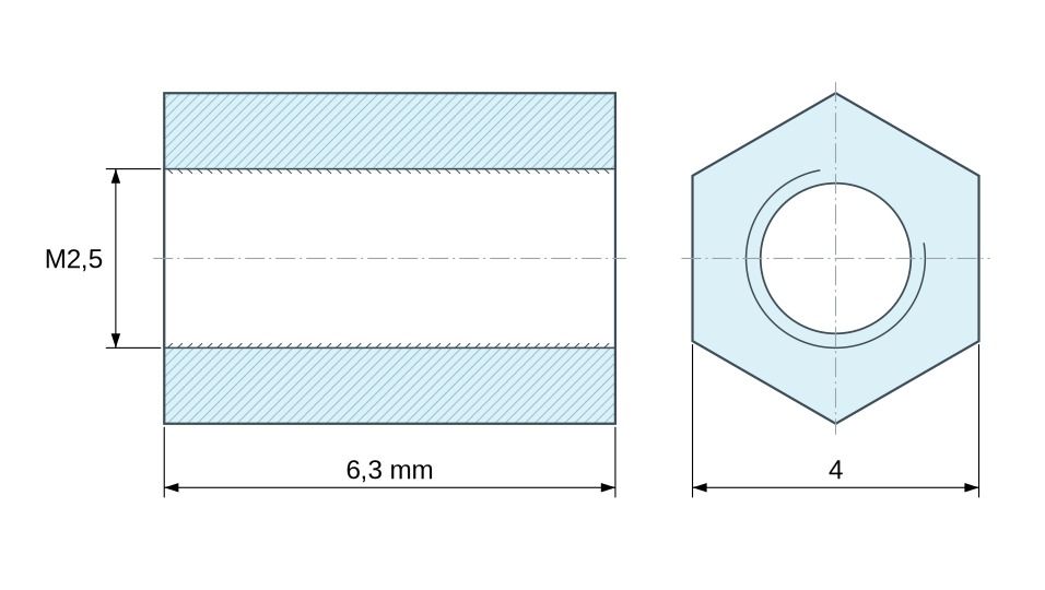 Plan coté Entretoise hexagonale filetée femelle/femelle laiton nickelé sans plomb M2,5 - 4 mm sur plats Plan coté Entretoise hexagonale filetée femelle/femelle laiton nickelé sans plomb M2,5 - 4 mm sur plats