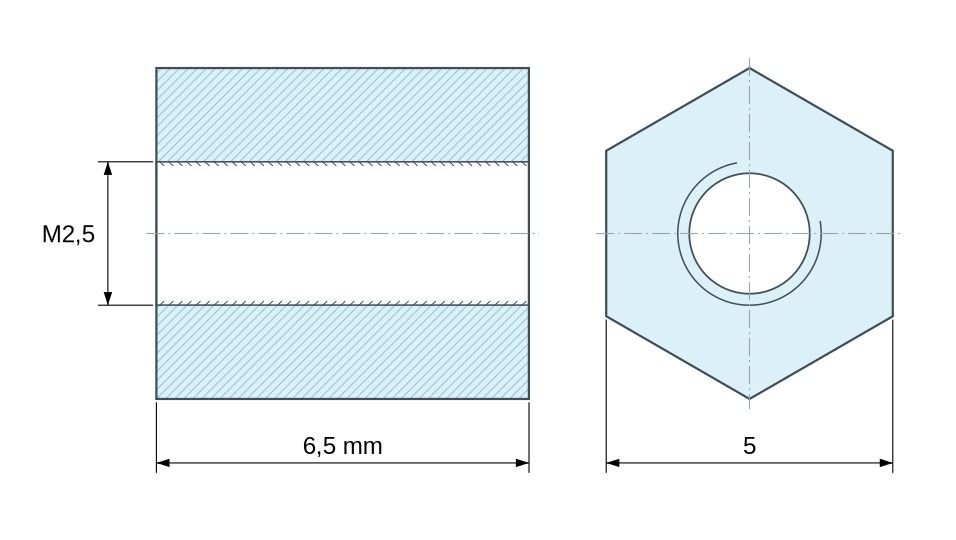 Plan coté Entretoise hexagonale filetée femelle/femelle laiton nickelé sans plomb M2,5 - 5 mm sur plats Plan coté Entretoise hexagonale filetée femelle/femelle laiton nickelé sans plomb M2,5 - 5 mm sur plats
