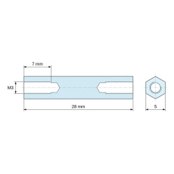 Plan coté 28 mm, Entretoise hexagonale filetée femelle/femelle laiton nickelé sans plomb M3 - 5 mm sur plats