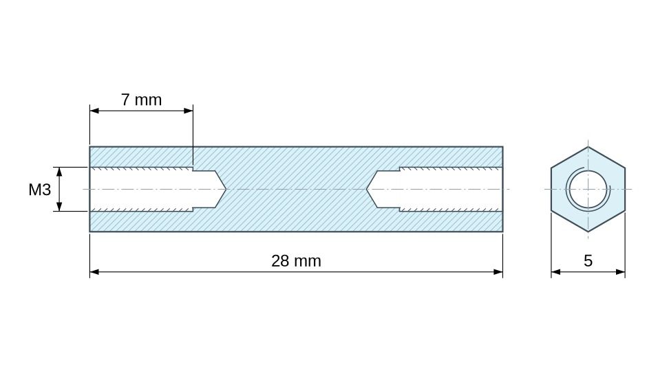 Plan coté Entretoise hexagonale filetée femelle/femelle laiton nickelé sans plomb M3 - 5 mm sur plats Plan coté Entretoise hexagonale filetée femelle/femelle laiton nickelé sans plomb M3 - 5 mm sur plats