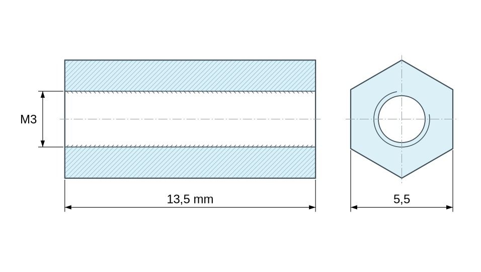 Plan coté Entretoise hexagonale filetée femelle/femelle laiton nickelé sans plomb M3 - 5,5 mm sur plats Plan coté Entretoise hexagonale filetée femelle/femelle laiton nickelé sans plomb M3 - 5,5 mm sur plats