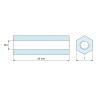Plan coté 24 mm, Entretoise hexagonale filetée femelle/femelle laiton nickelé sans plomb M4 - 7 mm sur plats