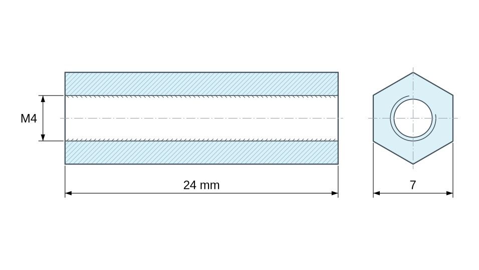 Plan coté Entretoise hexagonale filetée femelle/femelle laiton nickelé sans plomb M4 - 7 mm sur plats Plan coté Entretoise hexagonale filetée femelle/femelle laiton nickelé sans plomb M4 - 7 mm sur plats