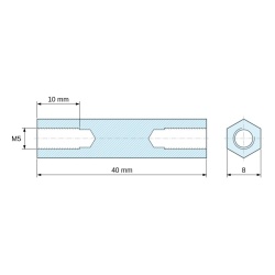 Plan coté 40 mm, Entretoise hexagonale filetée femelle/femelle laiton nickelé sans plomb M5 - 8 mm sur plats