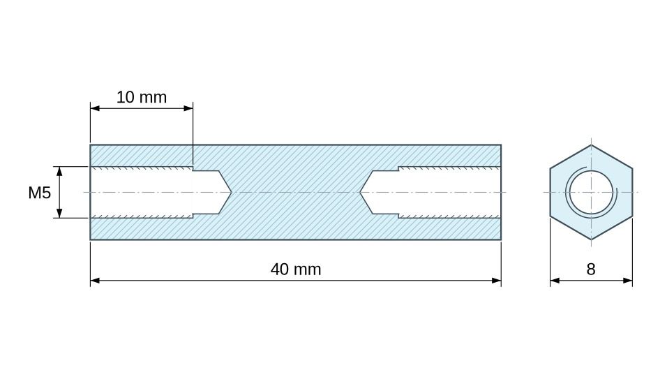 Plan coté Entretoise hexagonale filetée femelle/femelle laiton nickelé sans plomb M5 - 8 mm sur plats Plan coté Entretoise hexagonale filetée femelle/femelle laiton nickelé sans plomb M5 - 8 mm sur plats