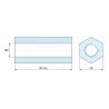 Plan coté 25 mm, Entretoise hexagonale filetée femelle/femelle laiton nickelé sans plomb M6 - 10 mm sur plats