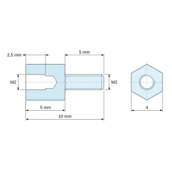 Plan coté 5 mm / 5 mm, Entretoise hexagonale filetée mâle/femelle laiton nickelé sans plomb M2 - 4 mm sur plats