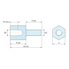 Plan coté 5 mm / 5 mm, Entretoise hexagonale filetée mâle/femelle laiton nickelé sans plomb M2 - 4 mm sur plats