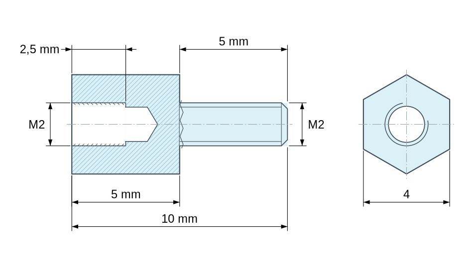 Plan coté Entretoise hexagonale filetée mâle/femelle laiton nickelé sans plomb M2 - 4 mm sur plats