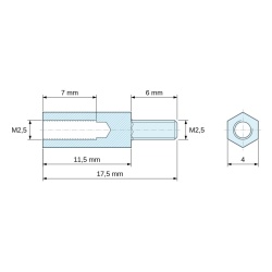 Plan coté 11,5 mm / 6 mm, Entretoise hexagonale filetée mâle/femelle laiton nickelé sans plomb M2,5 - 4 mm sur plats