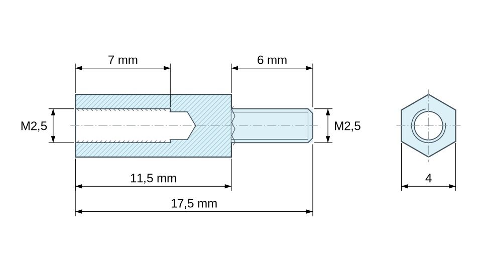 Plan coté Entretoise hexagonale filetée mâle/femelle laiton nickelé sans plomb M2,5 - 4 mm sur plats Plan coté Entretoise hexagonale filetée mâle/femelle laiton nickelé sans plomb M2,5 - 4 mm sur plats