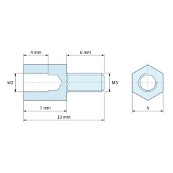 Plan coté 7 mm / 6 mm, Entretoise hexagonale filetée mâle/femelle laiton nickelé sans plomb M3 - 5 mm sur plats