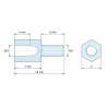 Plan coté 7 mm / 6 mm, Entretoise hexagonale filetée mâle/femelle laiton nickelé sans plomb M3 - 5 mm sur plats
