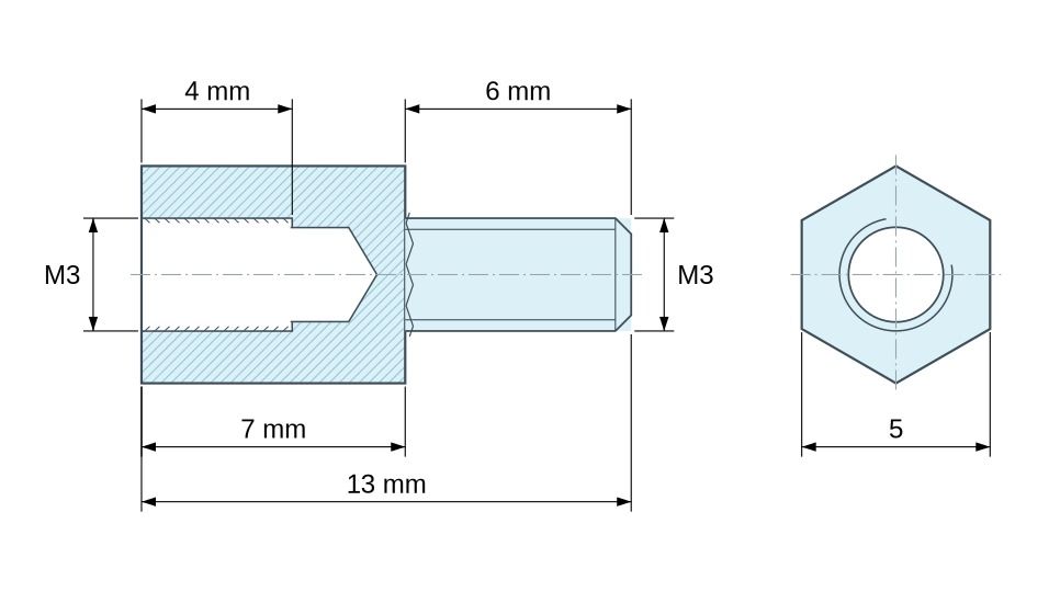 Plan coté Entretoise hexagonale filetée mâle/femelle laiton nickelé sans plomb M3 - 5 mm sur plats