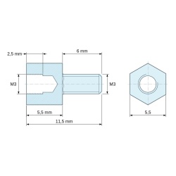 Plan coté 5,5 mm / 6 mm, Entretoise hexagonale filetée mâle/femelle laiton nickelé sans plomb M3 - 5,5 mm sur plats