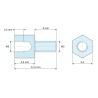Plan coté 5,5 mm / 6 mm, Entretoise hexagonale filetée mâle/femelle laiton nickelé sans plomb M3 - 5,5 mm sur plats