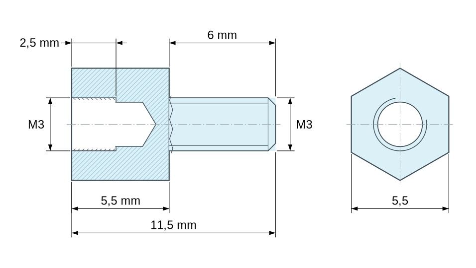 Plan coté Entretoise hexagonale filetée mâle/femelle laiton nickelé sans plomb M3 - 5,5 mm sur plats