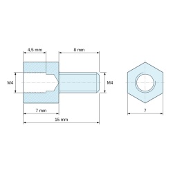Plan coté 7 mm / 8 mm, Entretoise hexagonale filetée mâle/femelle laiton nickelé sans plomb M4 - 7 mm sur plats