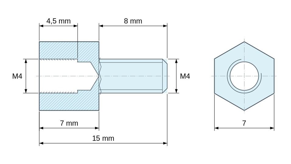 Plan coté Entretoise hexagonale filetée mâle/femelle laiton nickelé sans plomb M4 - 7 mm sur plats