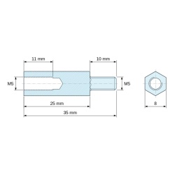 Plan coté 25 mm / 10 mm, Entretoise hexagonale filetée mâle/femelle laiton nickelé sans plomb M5 - 8 mm sur plats