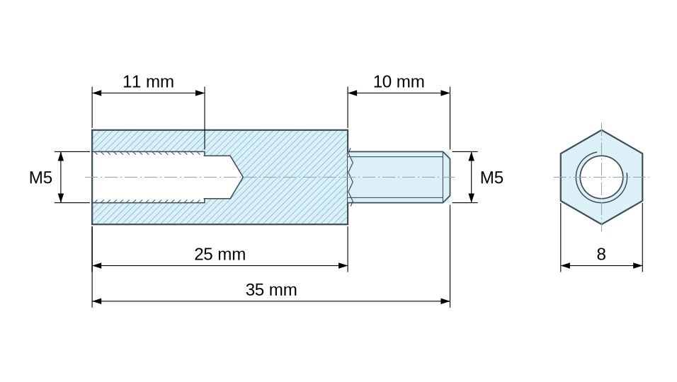 Plan coté Entretoise hexagonale filetée mâle/femelle laiton nickelé sans plomb M5 - 8 mm sur plats