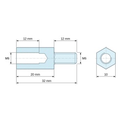 Plan coté 20 mm / 12 mm, Entretoise hexagonale filetée mâle/femelle laiton nickelé sans plomb M6 - 10 mm sur plats