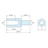 Plan coté 20 mm / 12 mm, Entretoise hexagonale filetée mâle/femelle laiton nickelé sans plomb M6 - 10 mm sur plats