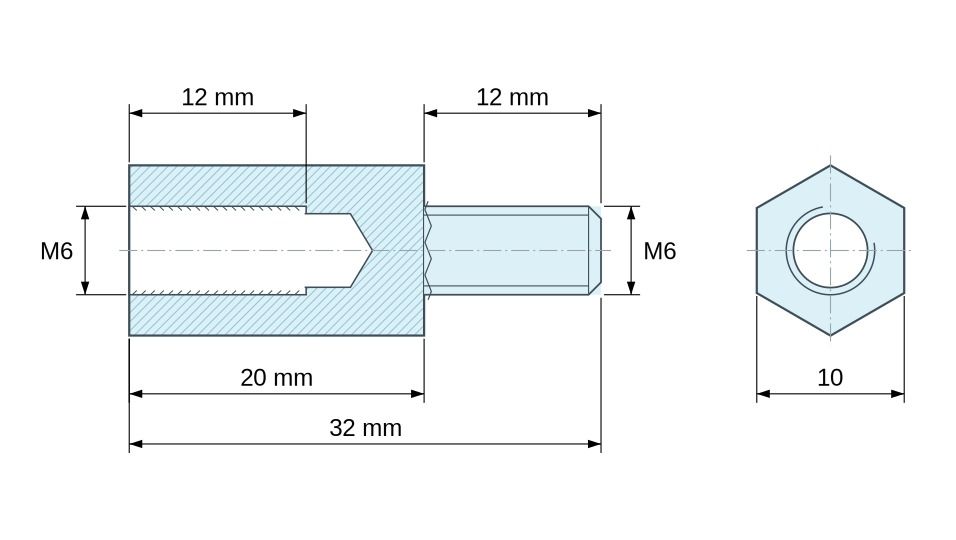 Plan coté Entretoise hexagonale filetée mâle/femelle laiton nickelé sans plomb M6 - 10 mm sur plats