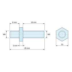 Plan coté 3 mm / 8 / 18 mm, Entretoise hexagonale filetée mâle/mâle laiton nickelé au plomb M6 - 10 mm sur plats, tiges 8 et 18 mm