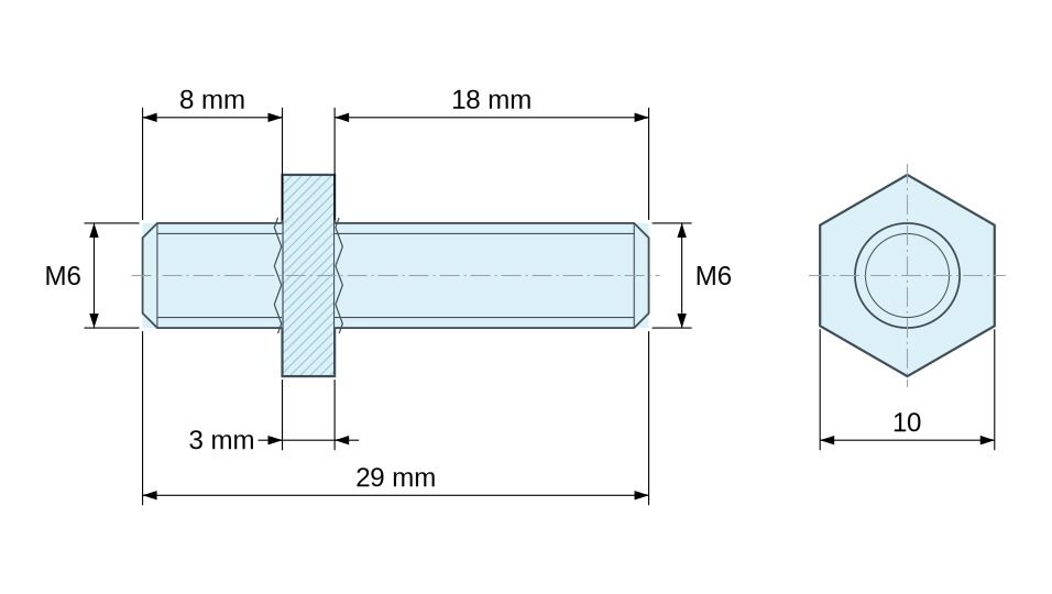 Plan coté Entretoise hexagonale filetée mâle/mâle laiton nickelé au plomb M6 - 10 mm sur plats, tiges 8 et 18 mm
