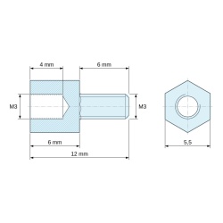 Plan coté 6 mm / 6 mm, Entretoise hexagonale filetée mâle/femelle plastique polyamide PA6.6 naturel UL94-V2 M3 - 5,5 mm sur plats