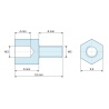 Plan coté 6 mm / 6 mm, Entretoise hexagonale filetée mâle/femelle plastique polyamide PA6.6 naturel UL94-V2 M3 - 5,5 mm sur plats