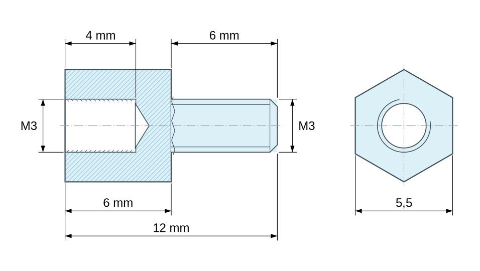 Plan coté Entretoise hexagonale filetée mâle/femelle plastique polyamide PA6.6 naturel UL94-V2 M3 - 5,5 mm sur plats
