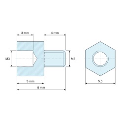 Plan coté 5 mm / 4 mm, Entretoise hexagonale filetée mâle/femelle plastique polyamide PA6.6 UL94-V2 M3 - 5,5 mm sur plats