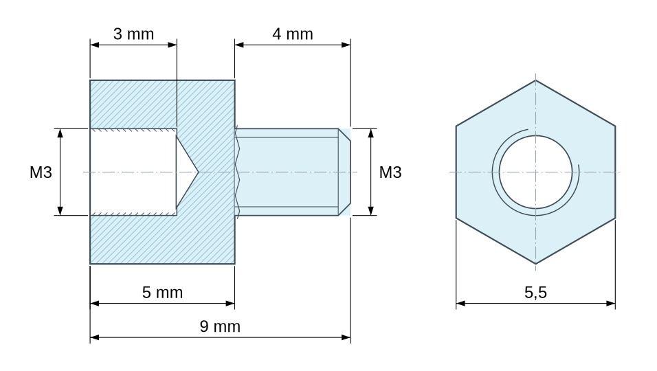 Plan coté Entretoise hexagonale filetée mâle/femelle plastique polyamide PA6.6 UL94-V2 M3 - 5,5 mm sur plats Plan coté Entretoise hexagonale filetée mâle/femelle plastique polyamide PA6.6 UL94-V2 M3 - 5,5 mm sur plats