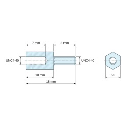Plan coté 10 mm / 8 mm, Entretoise hexagonale filetée mâle/femelle plastique polyamide PA6.6 UL94-HB UNC4-40 - 5,5 mm sur plats