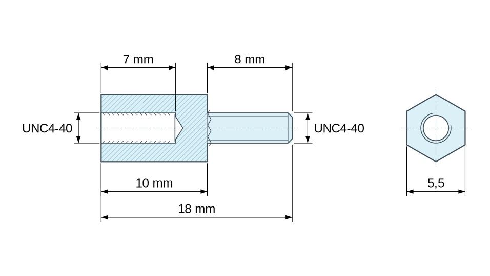 Plan coté Entretoise hexagonale filetée mâle/femelle plastique polyamide PA6.6 UL94-HB UNC4-40 - 5,5 mm sur plats