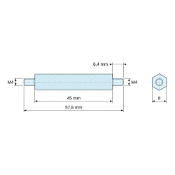 Plan coté 45 mm / 6,4 mm, Entretoise hexagonale filetée mâle/mâle plastique polyamide PA6.6 UL94-HB M4 - 8 mm sur plats