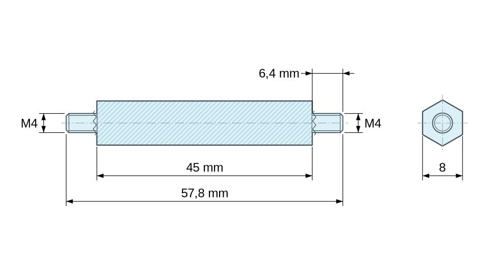 Plan coté Entretoise hexagonale filetée mâle/mâle plastique polyamide PA6.6 UL94-HB M4 - 8 mm sur plats