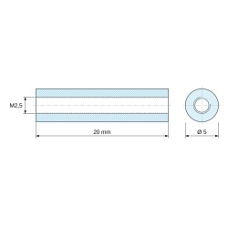 Plan coté 20 mm, Entretoise ronde filetée femelle/femelle plastique polyacétal POM blanc UL94-HB M2,5 - Ø5 mm