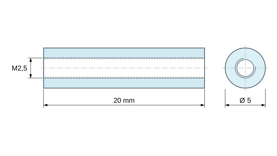 Plan coté Entretoise ronde filetée femelle/femelle plastique polyacétal POM blanc UL94-HB M2,5 - Ø5 mm