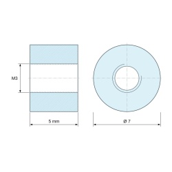 Plan coté 5 mm, Entretoise ronde filetée femelle/femelle plastique polyamide PA6 renforcé fibre de verre UL94-V2 M3 - Ø7 mm