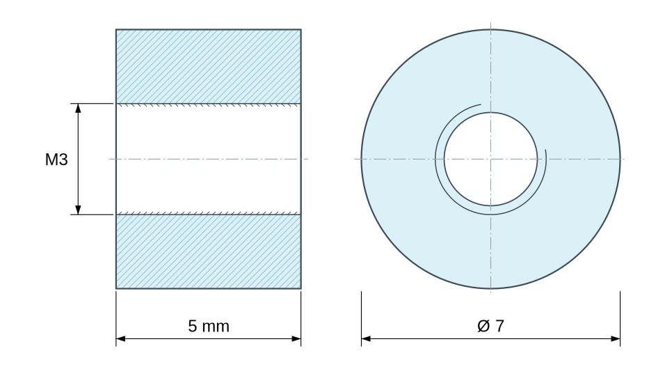 Plan coté Entretoise ronde filetée femelle/femelle plastique polyamide PA6 renforcé fibre de verre UL94-V2 M3 - Ø7 mm