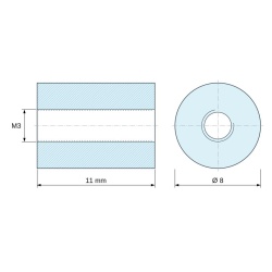 Plan coté 11 mm, Entretoise ronde filetée femelle/femelle plastique polyamide PA6 renforcé fibre de verre UL94-HB M3 - Ø8 mm